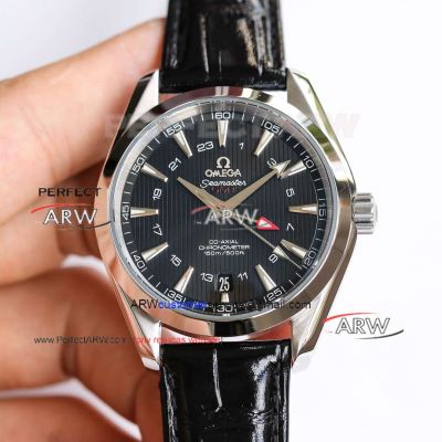 Swiss Replica Omega Seamaster Aqua Terra GMT Black Dial Leather Strap 8605 Movement Watch